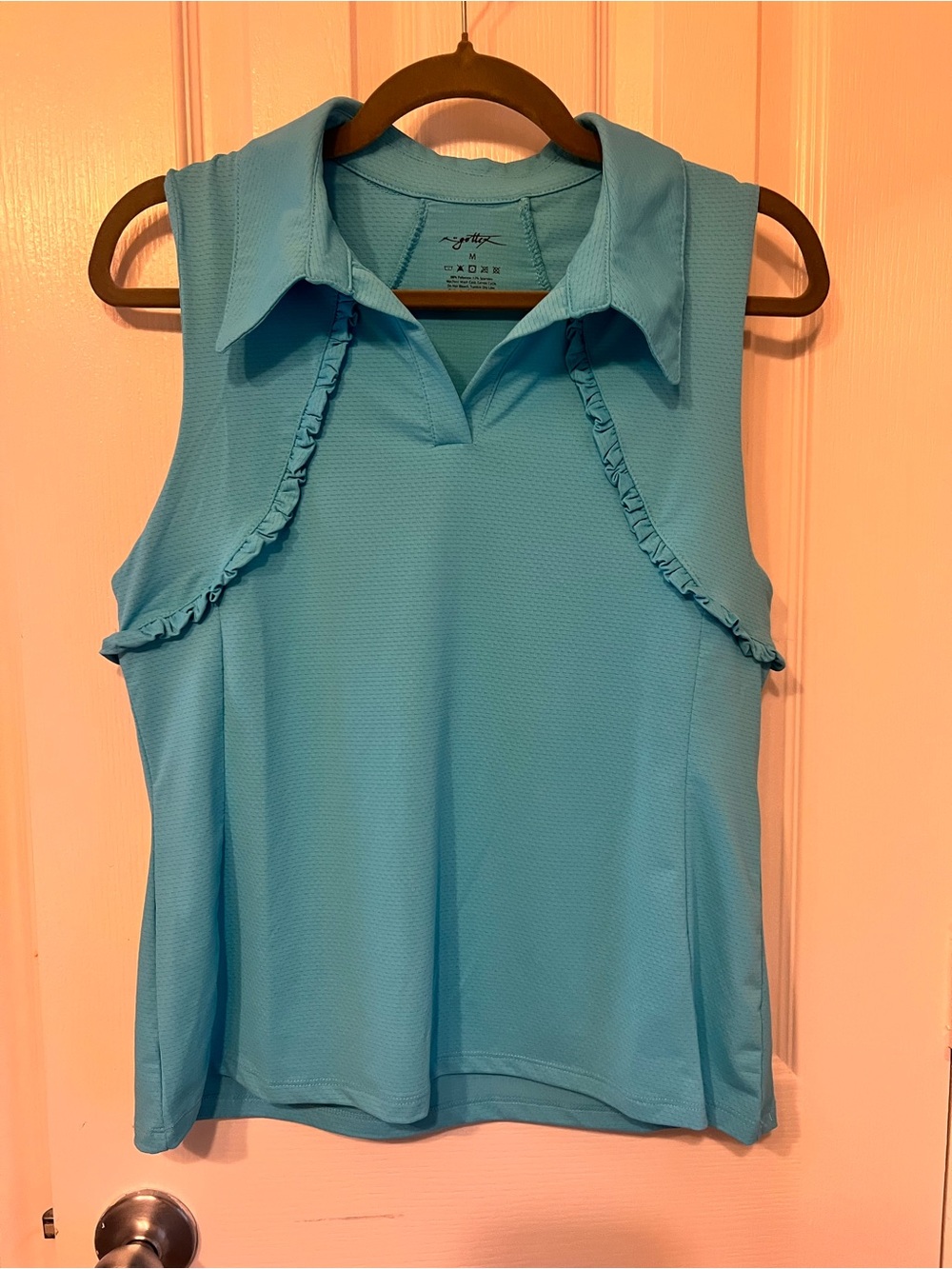 Gottex Blue Sleeveless Ruffle-Trim Golf Polo, Size M